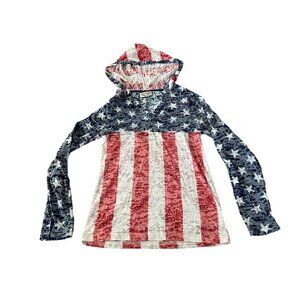 US Vintage American Flag V Neck Hooded Pullover Top Size M Red White Blue